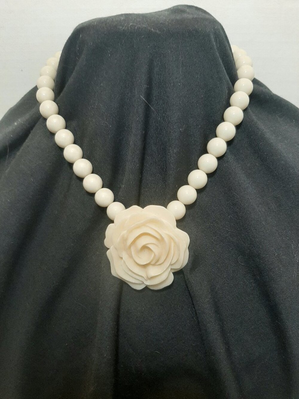 1980's Acrylic necklace with carved Rose. Right on trend.